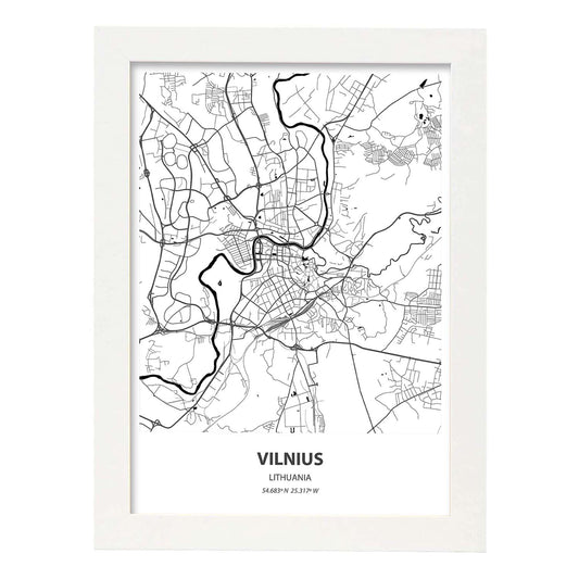Poster con mapa de Vilnus - Lituania. Láminas de ciudades de Europa con mares y ríos en color negro.-Artwork-Nacnic-A4-Marco Blanco-Nacnic Estudio SL