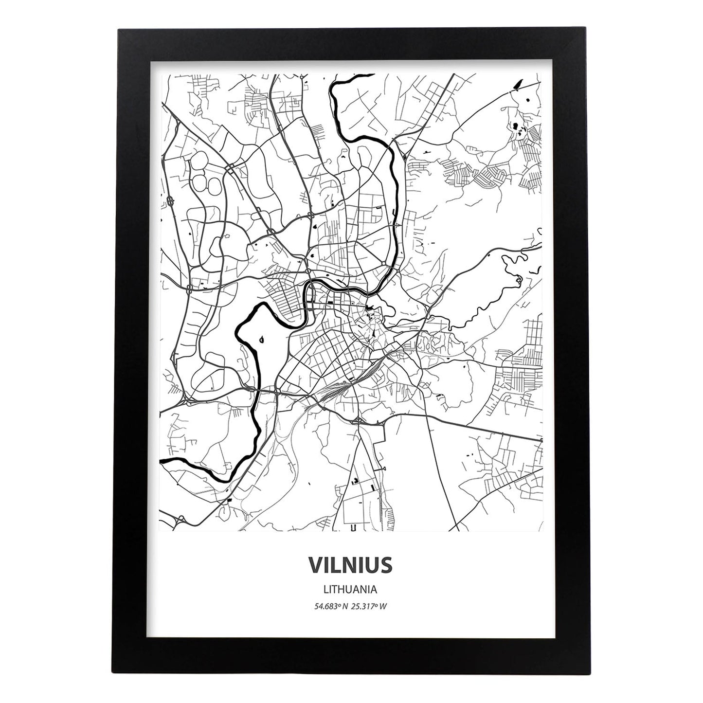 Poster con mapa de Vilnus - Lituania. Láminas de ciudades de Europa con mares y ríos en color negro.-Artwork-Nacnic-A4-Marco Negro-Nacnic Estudio SL