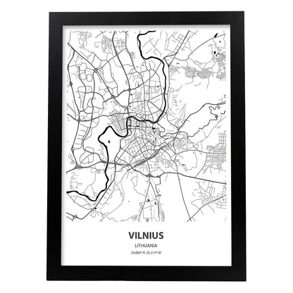 Poster con mapa de Vilnus - Lituania. Láminas de ciudades de Europa con mares y ríos en color negro.-Artwork-Nacnic-A4-Marco Negro-Nacnic Estudio SL