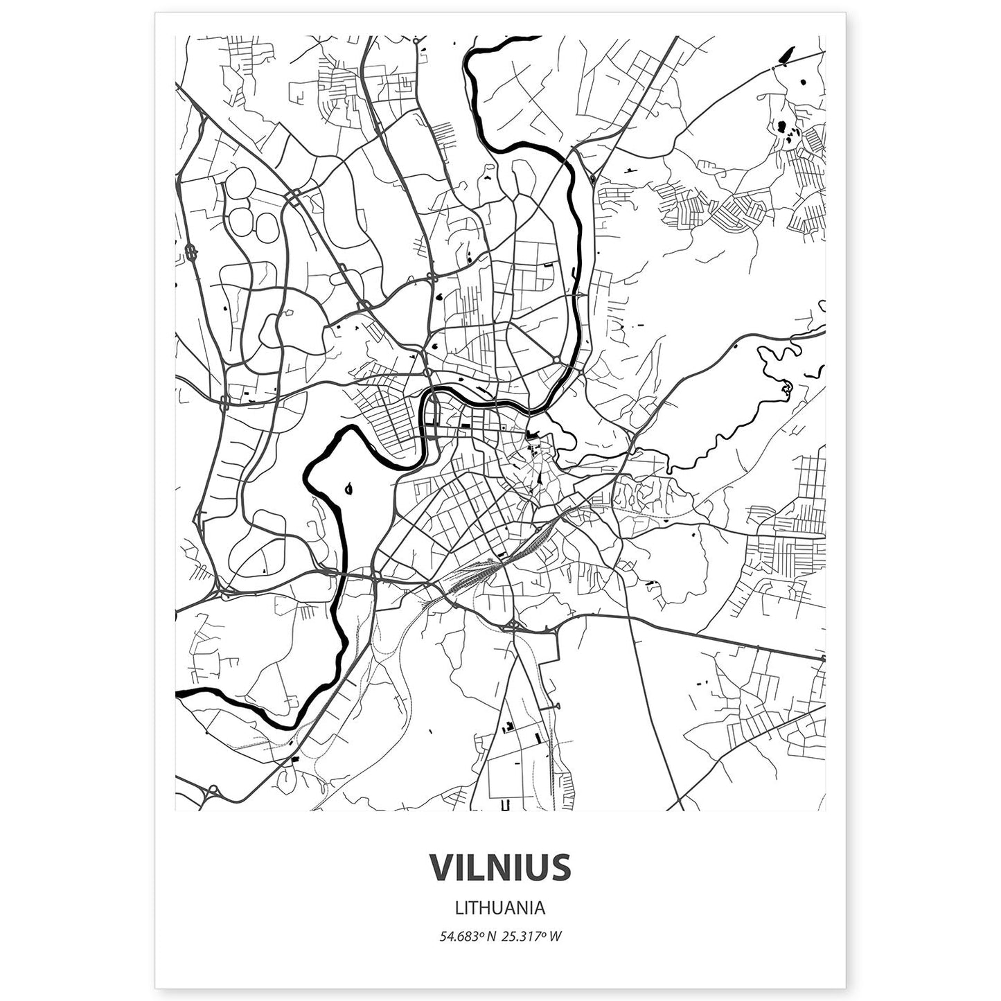 Poster con mapa de Vilnus - Lituania. Láminas de ciudades de Europa con mares y ríos en color negro.-Artwork-Nacnic-A4-Sin marco-Nacnic Estudio SL
