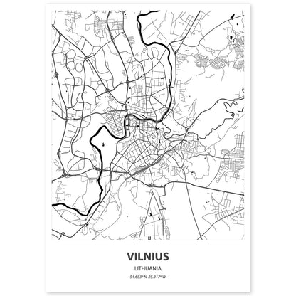 Poster con mapa de Vilnus - Lituania. Láminas de ciudades de Europa con mares y ríos en color negro.-Artwork-Nacnic-A4-Sin marco-Nacnic Estudio SL