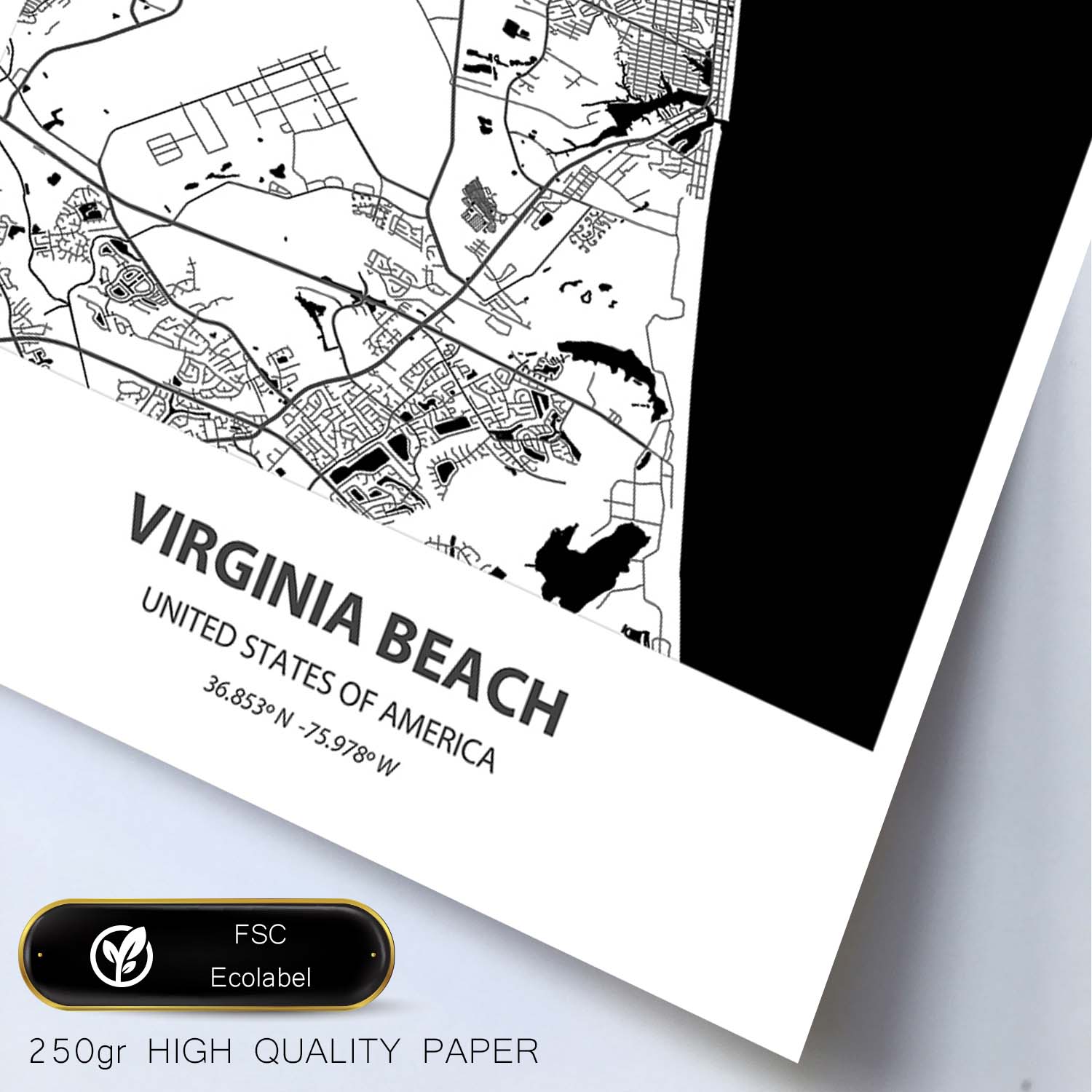 Poster con mapa de Virginia Beach - USA. Láminas de ciudades de Estados Unidos con mares y ríos en color negro.-Artwork-Nacnic-Nacnic Estudio SL
