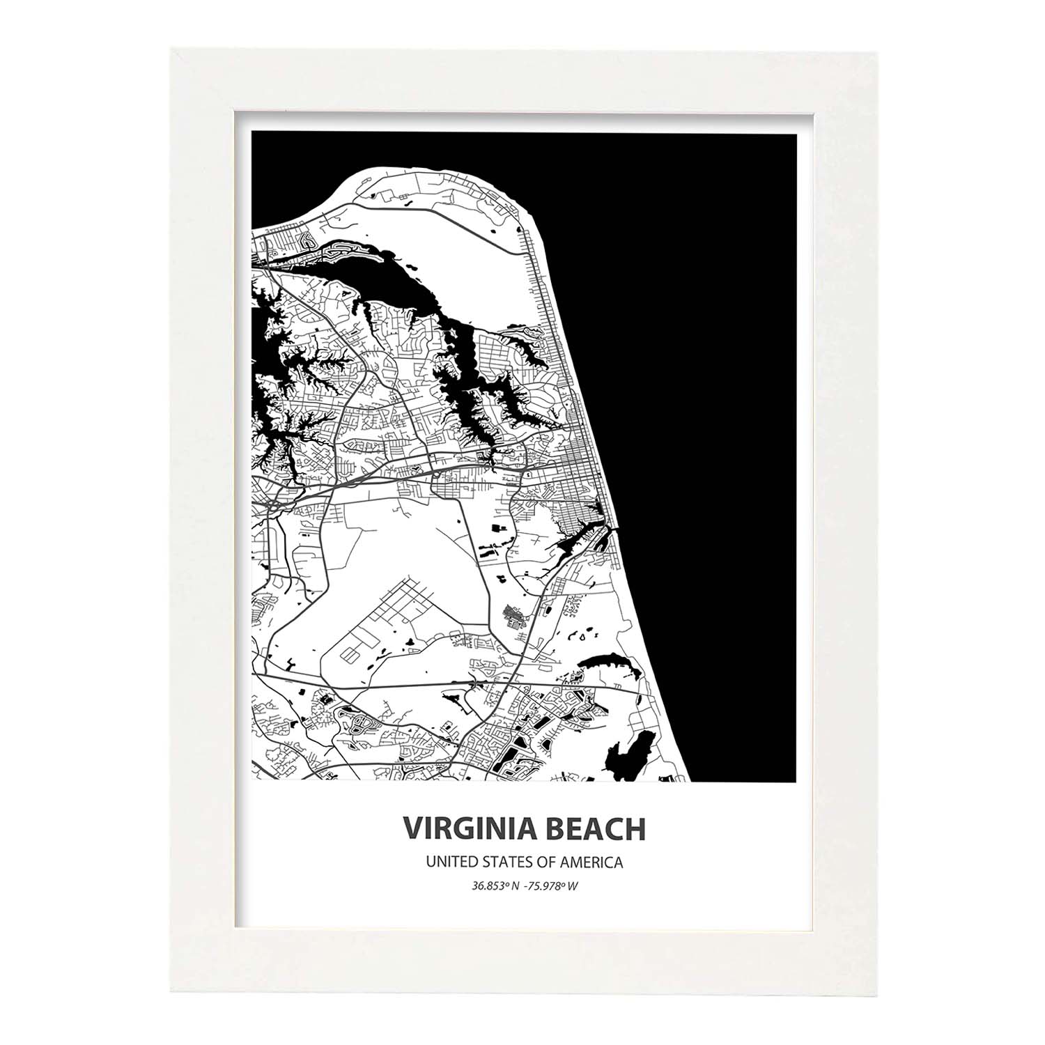 Poster con mapa de Virginia Beach - USA. Láminas de ciudades de Estados Unidos con mares y ríos en color negro.-Artwork-Nacnic-A3-Marco Blanco-Nacnic Estudio SL