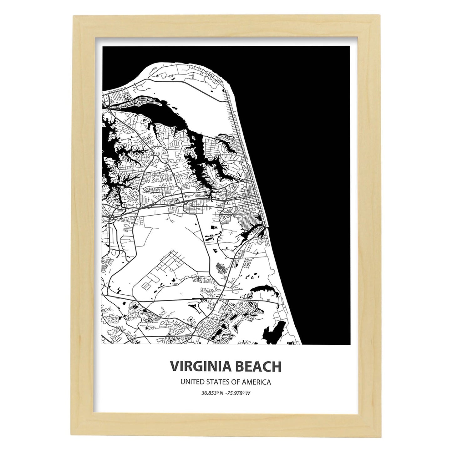 Poster con mapa de Virginia Beach - USA. Láminas de ciudades de Estados Unidos con mares y ríos en color negro.-Artwork-Nacnic-A3-Marco Madera clara-Nacnic Estudio SL