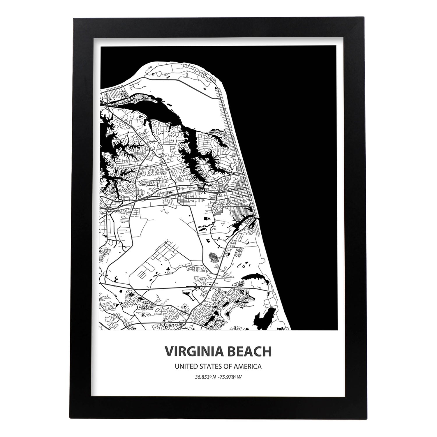 Poster con mapa de Virginia Beach - USA. Láminas de ciudades de Estados Unidos con mares y ríos en color negro.-Artwork-Nacnic-A3-Marco Negro-Nacnic Estudio SL