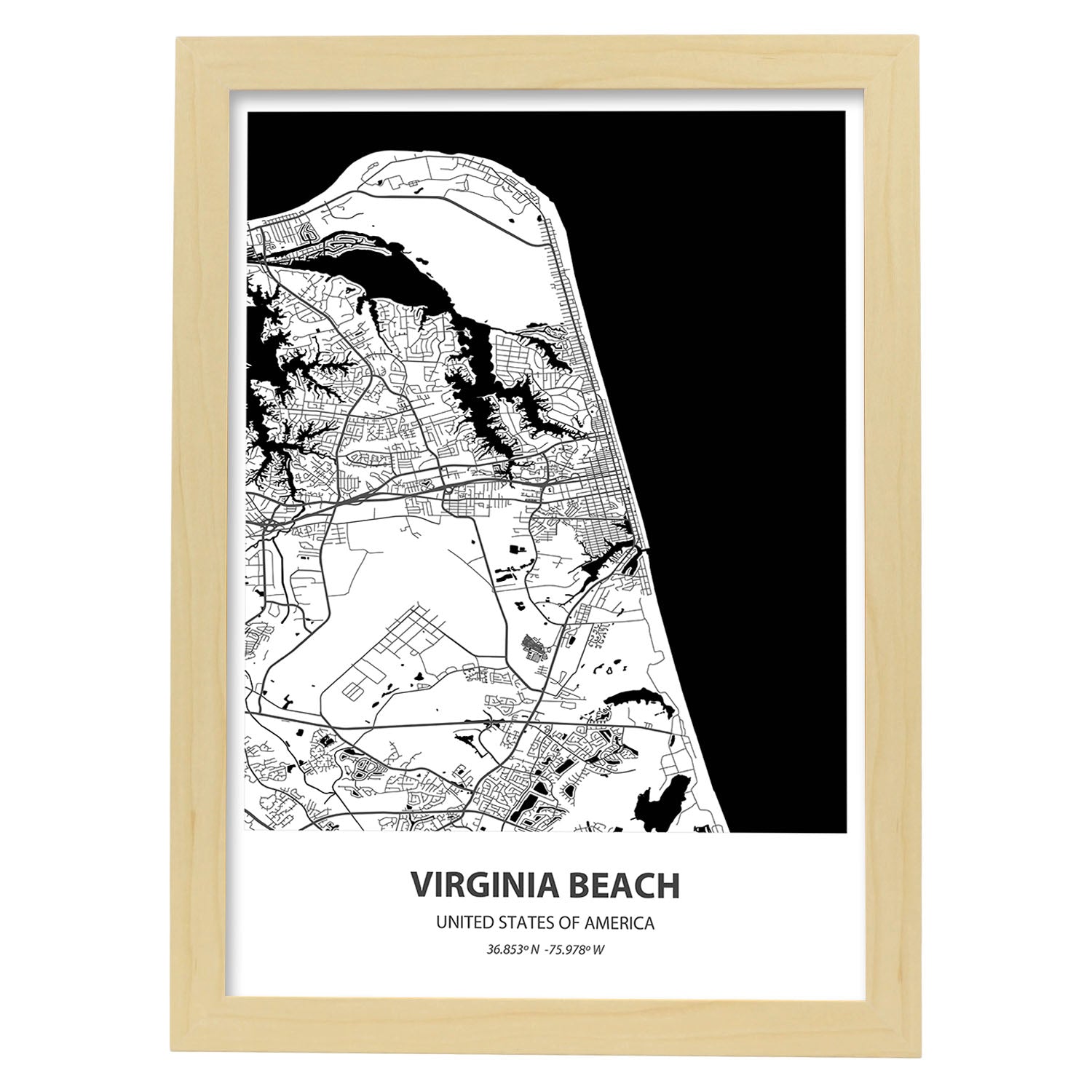 Poster con mapa de Virginia Beach - USA. Láminas de ciudades de Estados Unidos con mares y ríos en color negro.-Artwork-Nacnic-A4-Marco Madera clara-Nacnic Estudio SL
