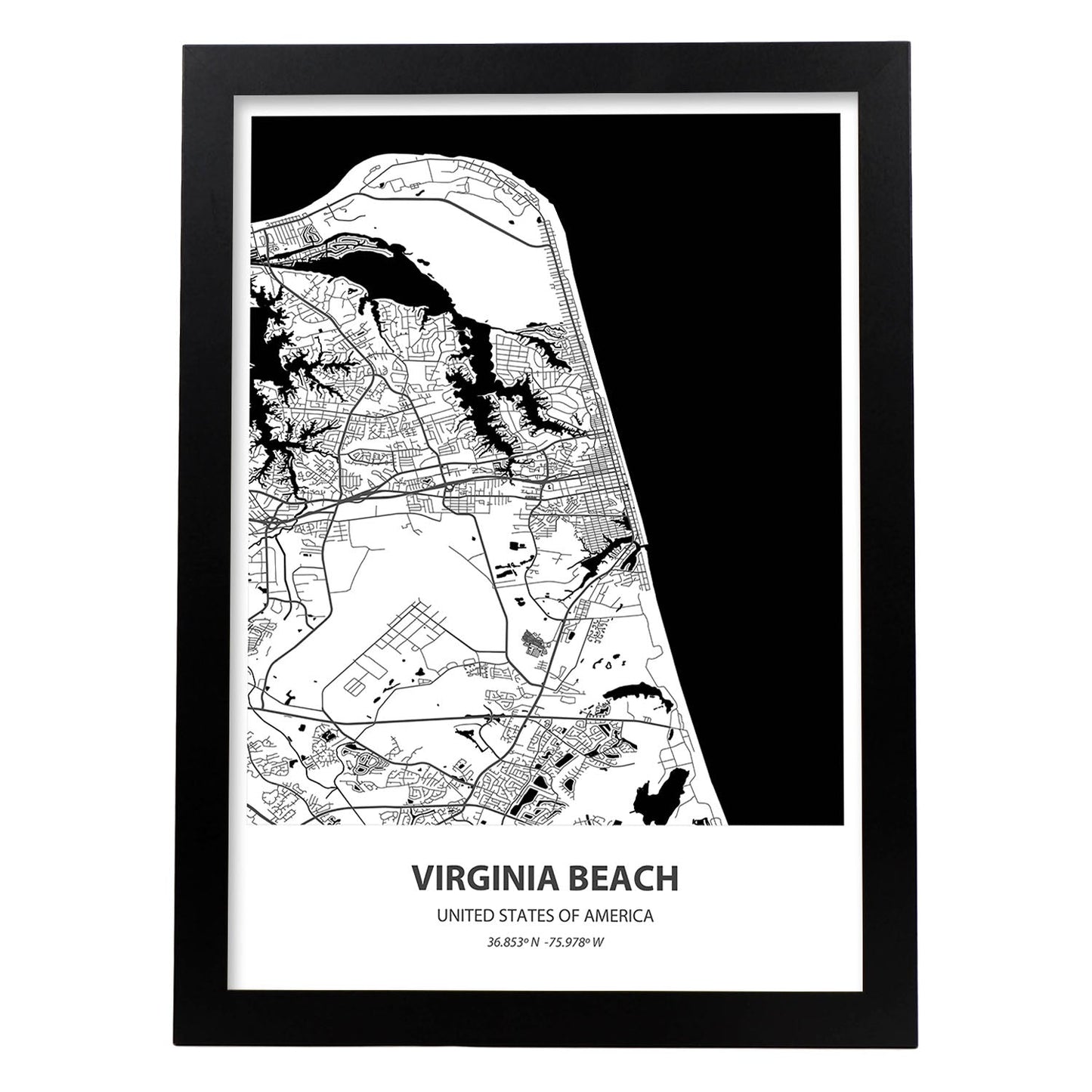 Poster con mapa de Virginia Beach - USA. Láminas de ciudades de Estados Unidos con mares y ríos en color negro.-Artwork-Nacnic-A4-Marco Negro-Nacnic Estudio SL