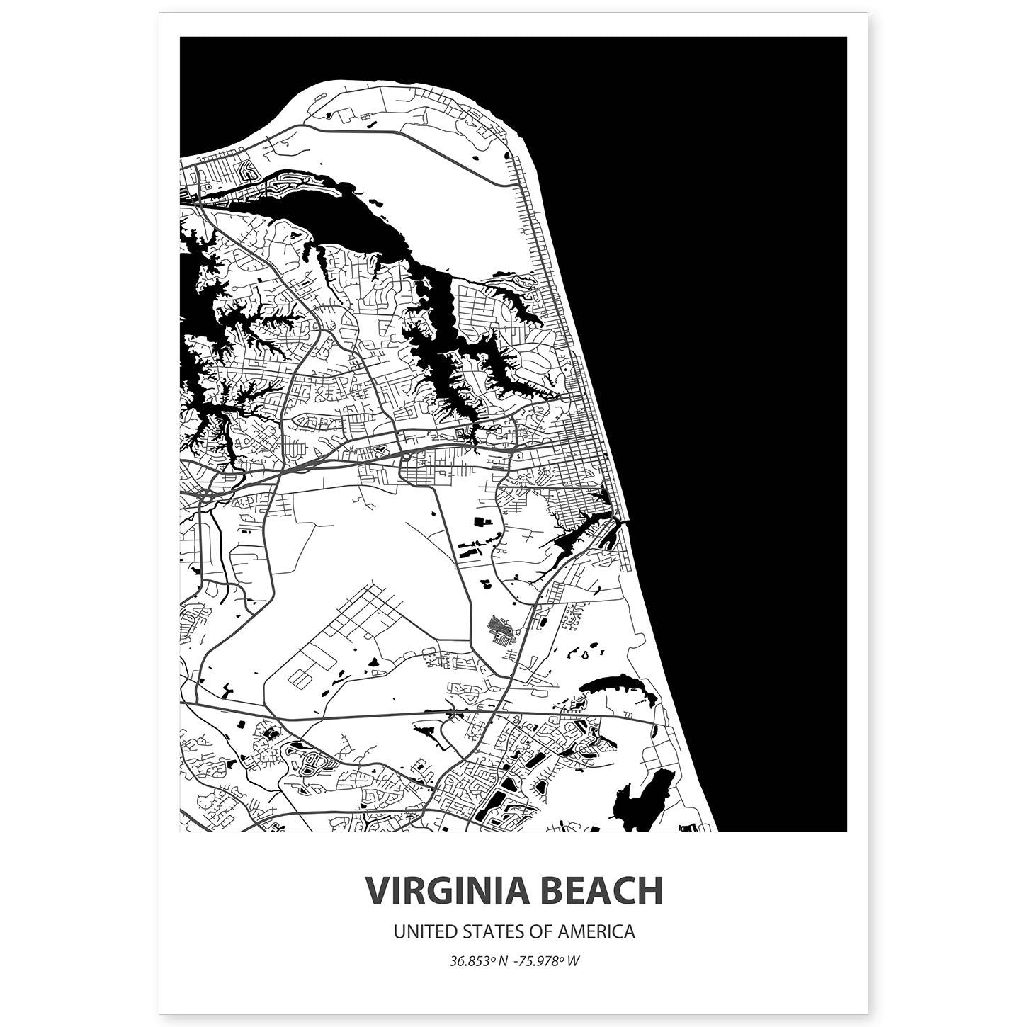 Poster con mapa de Virginia Beach - USA. Láminas de ciudades de Estados Unidos con mares y ríos en color negro.-Artwork-Nacnic-A4-Sin marco-Nacnic Estudio SL