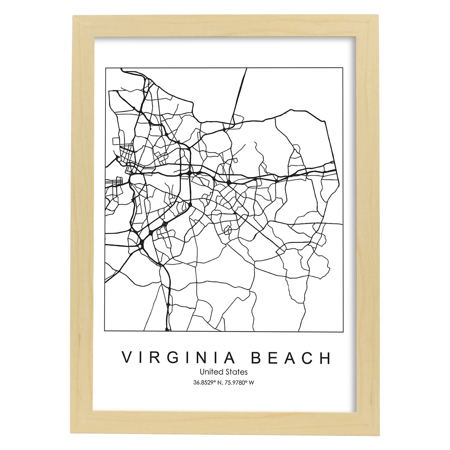 Poster con mapa de Virginia Beach. Lámina de Estados Unidos, con imágenes de mapas y carreteras-Artwork-Nacnic-A3-Marco Madera clara-Nacnic Estudio SL