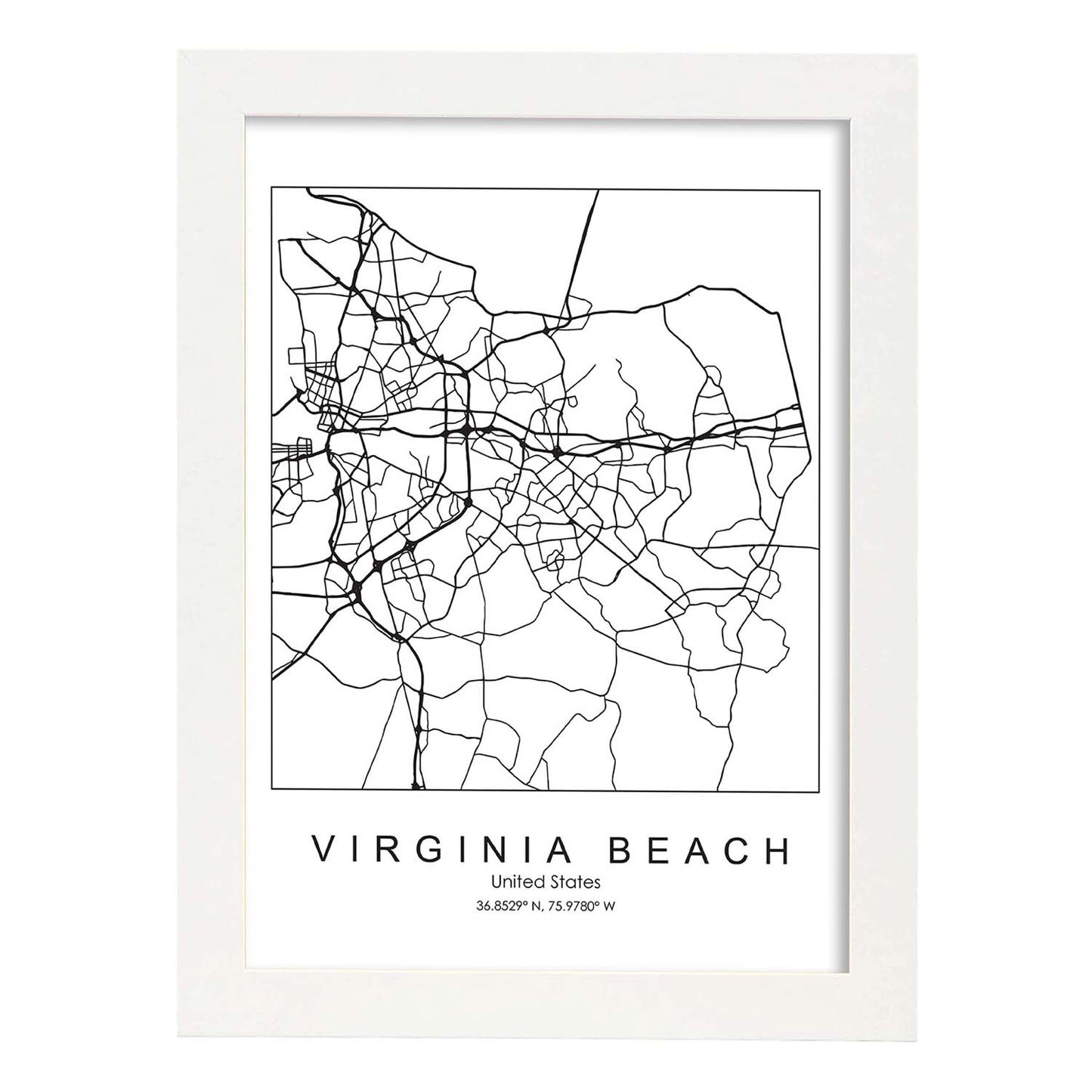 Poster con mapa de Virginia Beach. Lámina de Estados Unidos, con imágenes de mapas y carreteras-Artwork-Nacnic-A3-Marco Blanco-Nacnic Estudio SL
