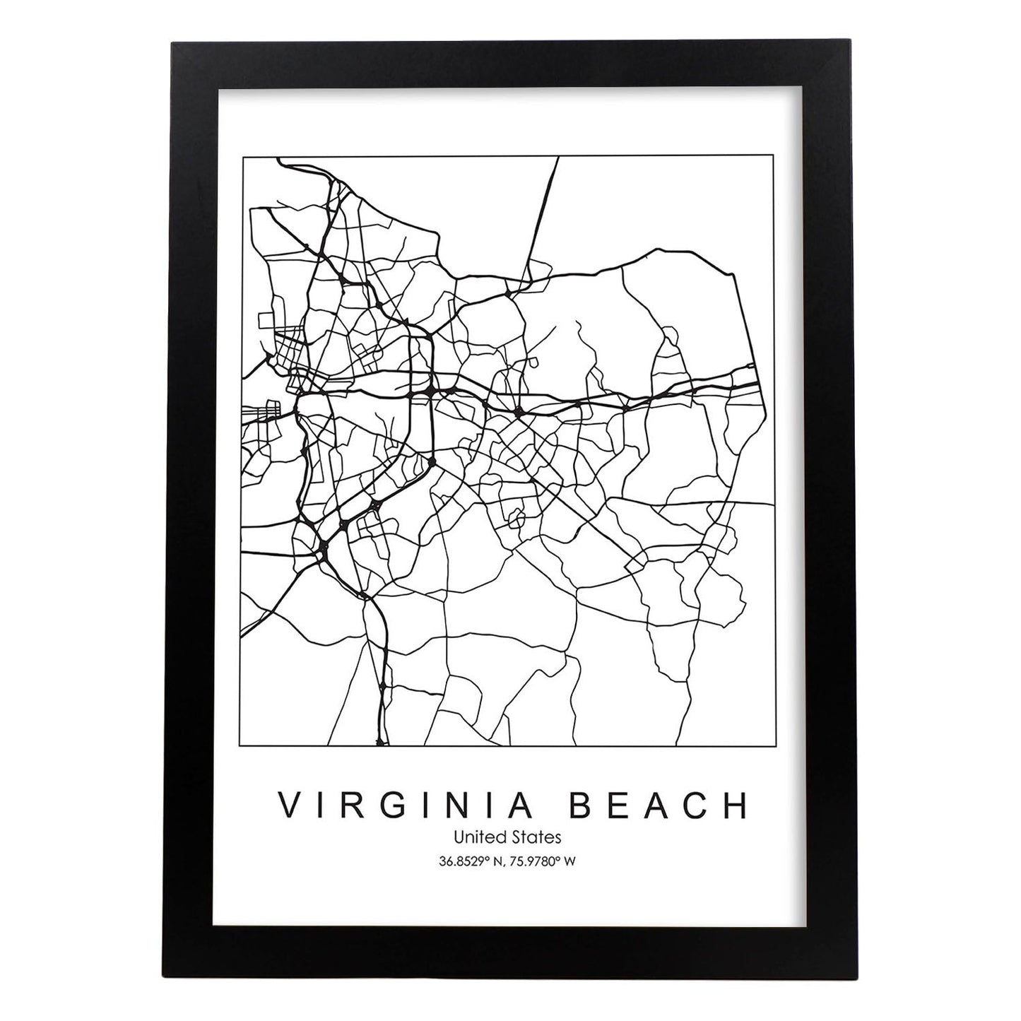 Poster con mapa de Virginia Beach. Lámina de Estados Unidos, con imágenes de mapas y carreteras-Artwork-Nacnic-A3-Marco Negro-Nacnic Estudio SL