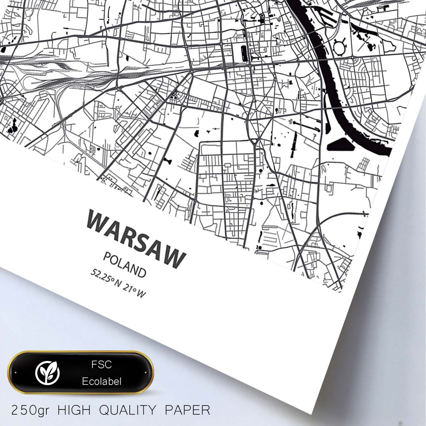 Poster con mapa de Warsaw - Polonia. Láminas de ciudades de Europa con mares y ríos en color negro.-Artwork-Nacnic-Nacnic Estudio SL