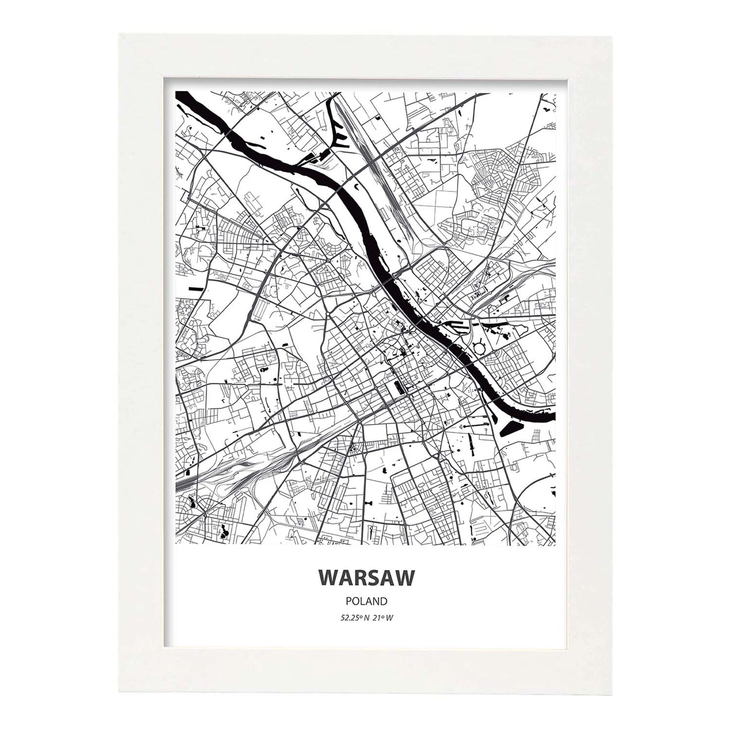Poster con mapa de Warsaw - Polonia. Láminas de ciudades de Europa con mares y ríos en color negro.-Artwork-Nacnic-A3-Marco Blanco-Nacnic Estudio SL