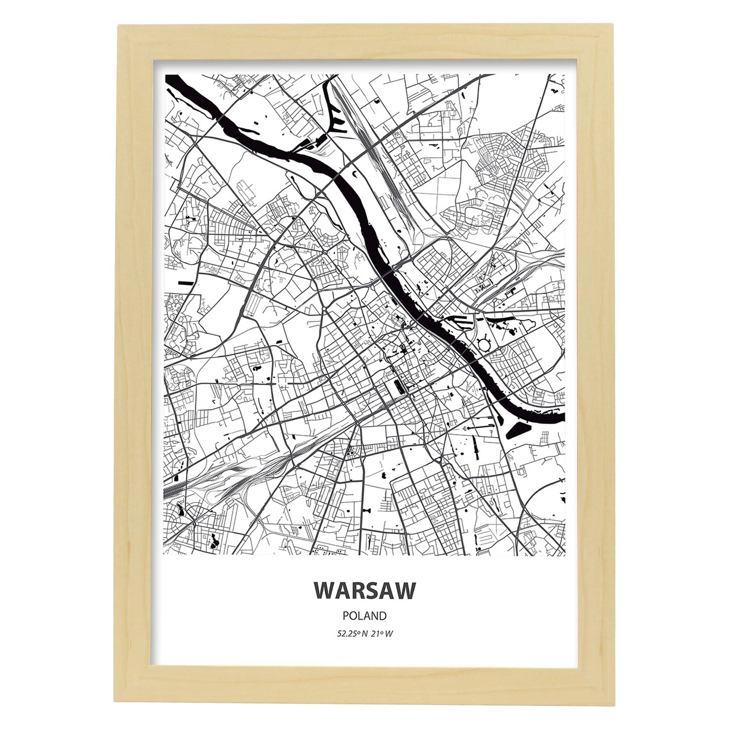 Poster con mapa de Warsaw - Polonia. Láminas de ciudades de Europa con mares y ríos en color negro.-Artwork-Nacnic-A3-Marco Madera clara-Nacnic Estudio SL