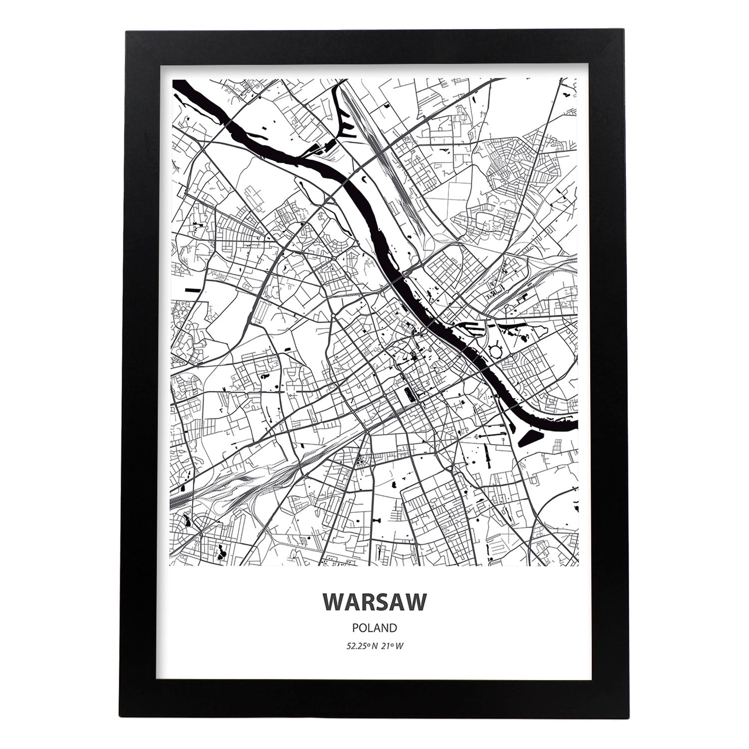 Poster con mapa de Warsaw - Polonia. Láminas de ciudades de Europa con mares y ríos en color negro.-Artwork-Nacnic-A3-Marco Negro-Nacnic Estudio SL