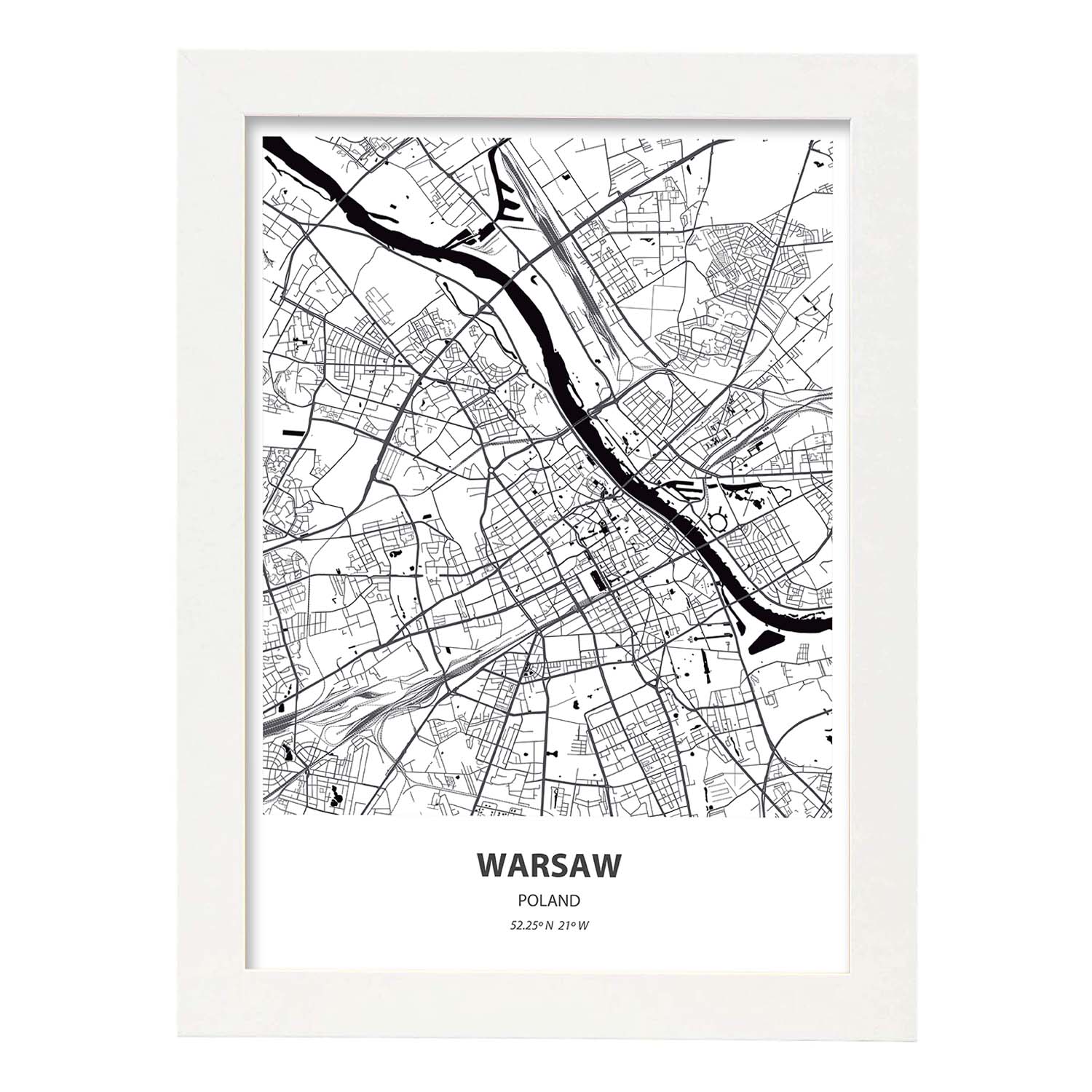 Poster con mapa de Warsaw - Polonia. Láminas de ciudades de Europa con mares y ríos en color negro.-Artwork-Nacnic-A4-Marco Blanco-Nacnic Estudio SL