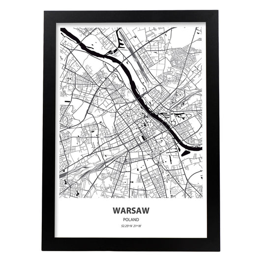 Poster con mapa de Warsaw - Polonia. Láminas de ciudades de Europa con mares y ríos en color negro.-Artwork-Nacnic-A4-Marco Negro-Nacnic Estudio SL