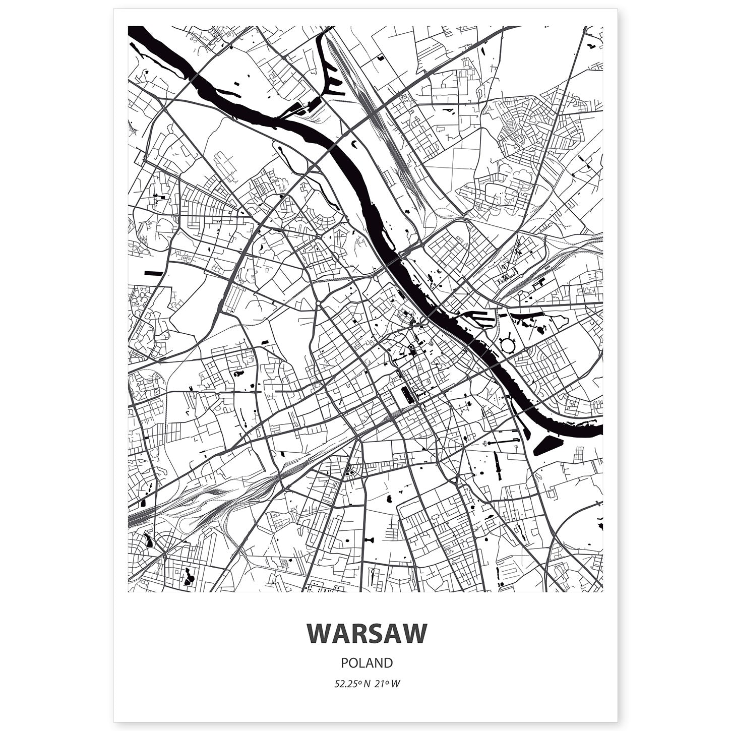Poster con mapa de Warsaw - Polonia. Láminas de ciudades de Europa con mares y ríos en color negro.-Artwork-Nacnic-A4-Sin marco-Nacnic Estudio SL