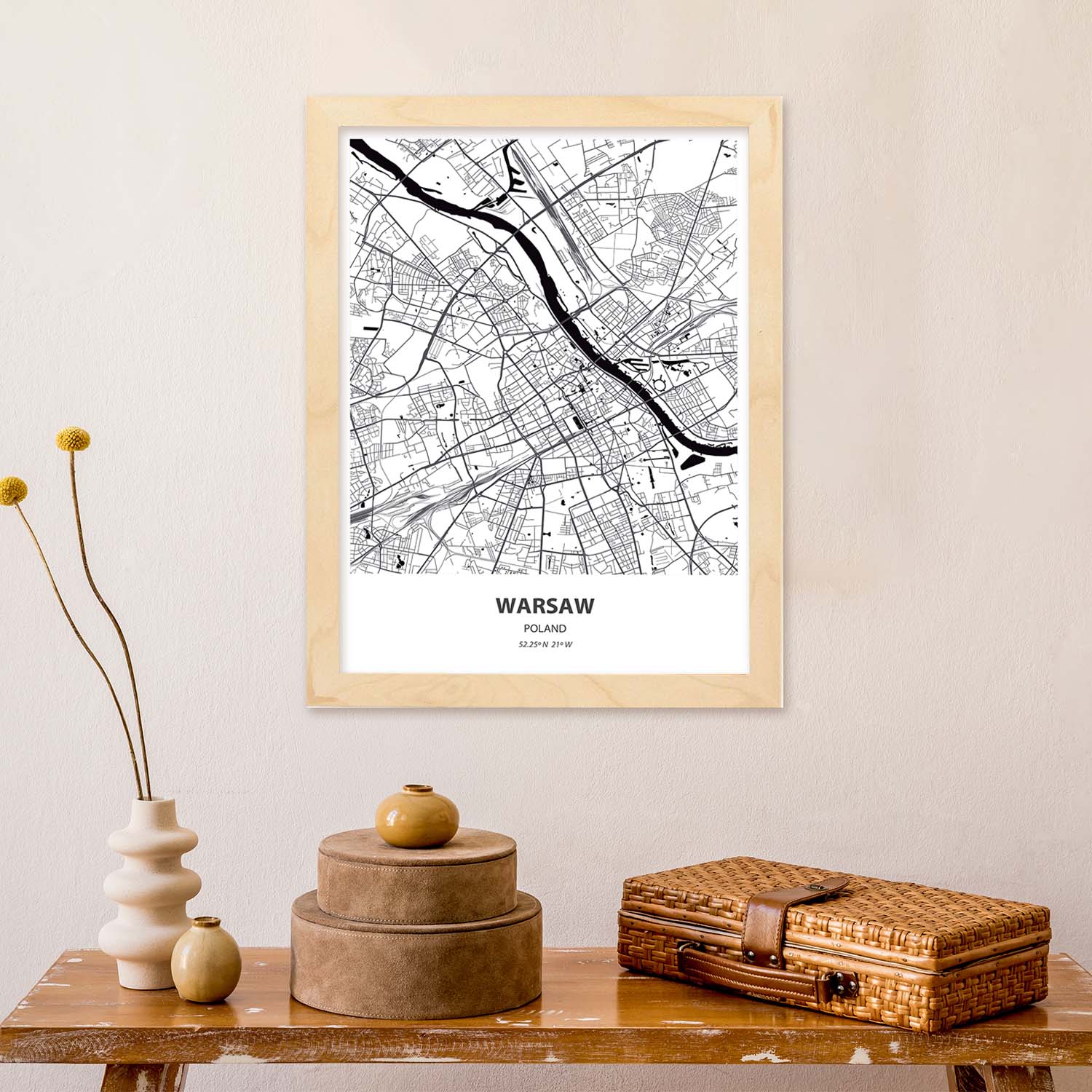 Poster con mapa de Warsaw - Polonia. Láminas de ciudades de Europa con mares y ríos en color negro.-Artwork-Nacnic-Nacnic Estudio SL