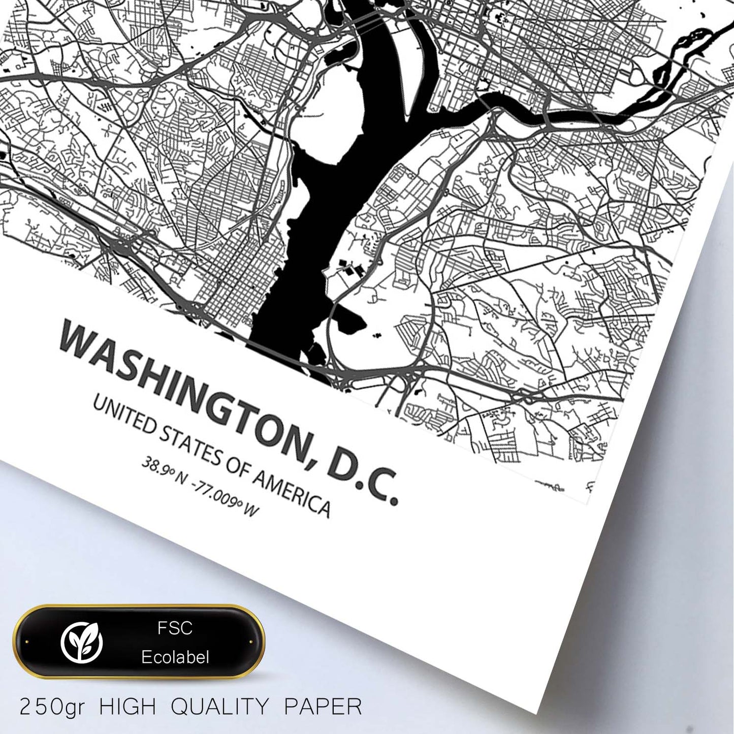Poster con mapa de Washington D.C - USA. Láminas de ciudades de Estados Unidos con mares y ríos en color negro.-Artwork-Nacnic-Nacnic Estudio SL