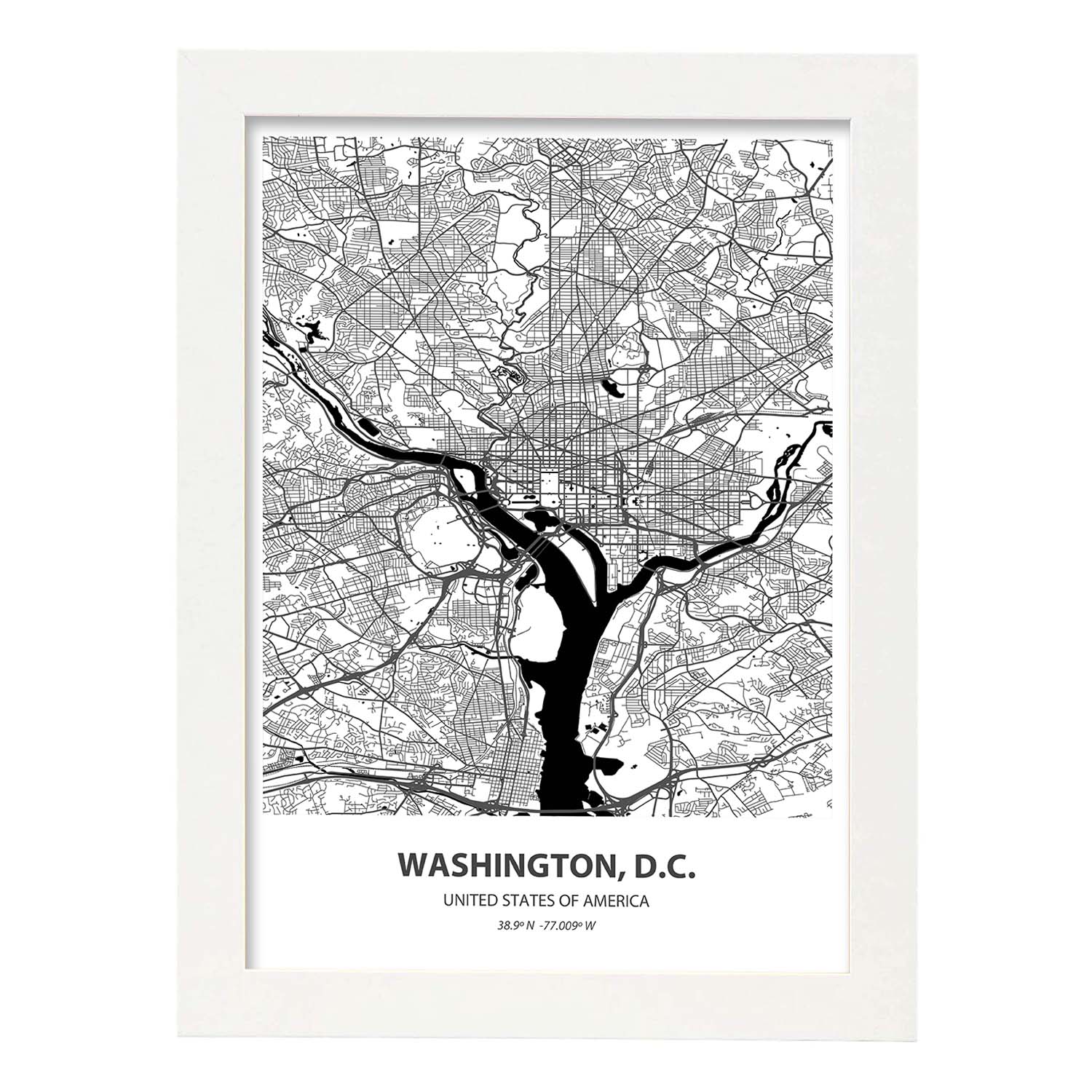 Poster con mapa de Washington D.C - USA. Láminas de ciudades de Estados Unidos con mares y ríos en color negro.-Artwork-Nacnic-A3-Marco Blanco-Nacnic Estudio SL