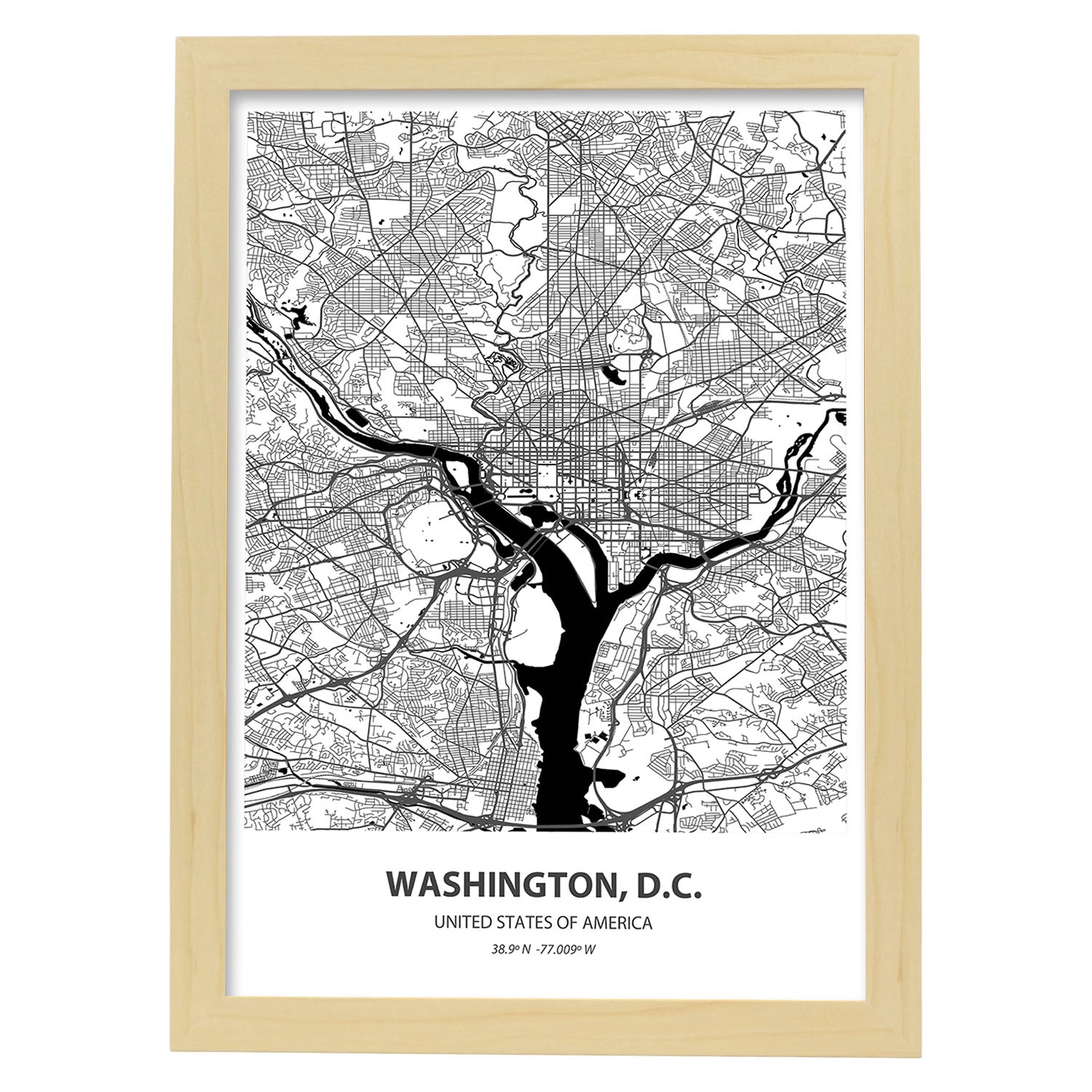 Poster con mapa de Washington D.C - USA. Láminas de ciudades de Estados Unidos con mares y ríos en color negro.-Artwork-Nacnic-A3-Marco Madera clara-Nacnic Estudio SL