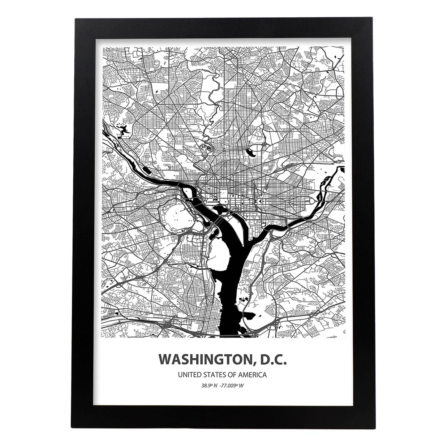 Poster con mapa de Washington D.C - USA. Láminas de ciudades de Estados Unidos con mares y ríos en color negro.-Artwork-Nacnic-A3-Marco Negro-Nacnic Estudio SL