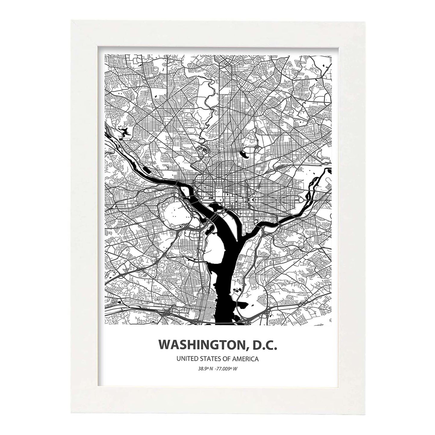 Poster con mapa de Washington D.C - USA. Láminas de ciudades de Estados Unidos con mares y ríos en color negro.-Artwork-Nacnic-A4-Marco Blanco-Nacnic Estudio SL