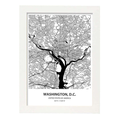 Poster con mapa de Washington D.C - USA. Láminas de ciudades de Estados Unidos con mares y ríos en color negro.-Artwork-Nacnic-A4-Marco Blanco-Nacnic Estudio SL
