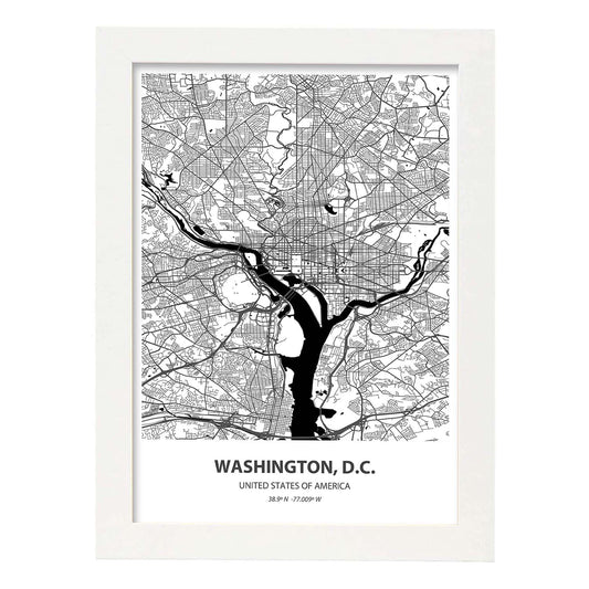Poster con mapa de Washington D.C - USA. Láminas de ciudades de Estados Unidos con mares y ríos en color negro.-Artwork-Nacnic-A4-Marco Blanco-Nacnic Estudio SL