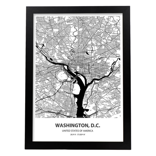 Poster con mapa de Washington D.C - USA. Láminas de ciudades de Estados Unidos con mares y ríos en color negro.-Artwork-Nacnic-A4-Marco Negro-Nacnic Estudio SL