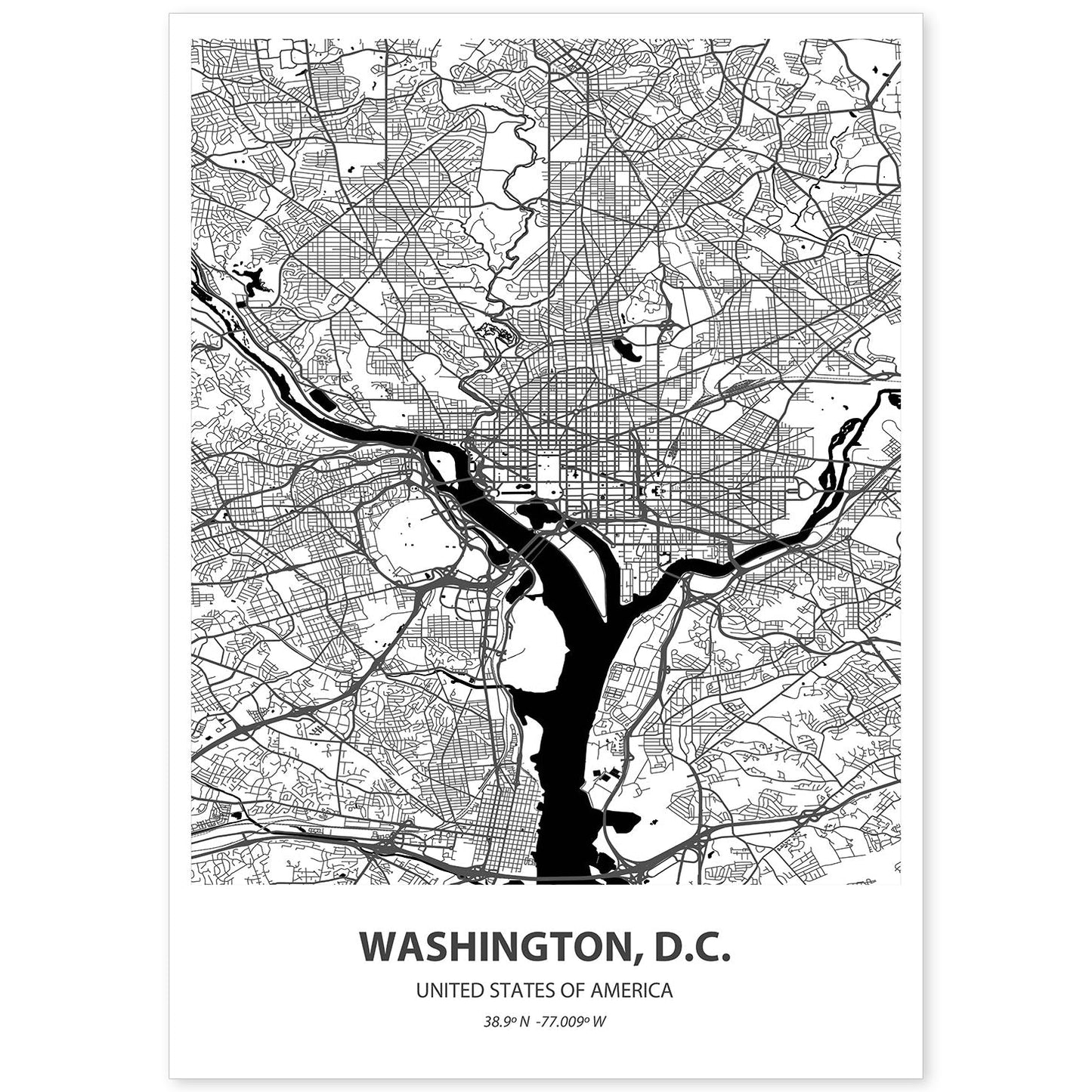Poster con mapa de Washington D.C - USA. Láminas de ciudades de Estados Unidos con mares y ríos en color negro.-Artwork-Nacnic-A4-Sin marco-Nacnic Estudio SL