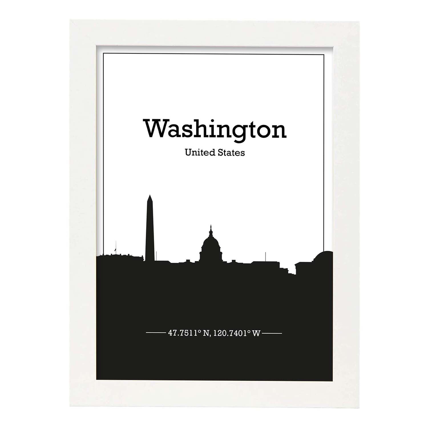 Poster con mapa de Washington - USA. Láminas con Skyline de ciudades de Estados Unidos, Canada, Mexico con sombra negra.-Artwork-Nacnic-A3-Marco Blanco-Nacnic Estudio SL