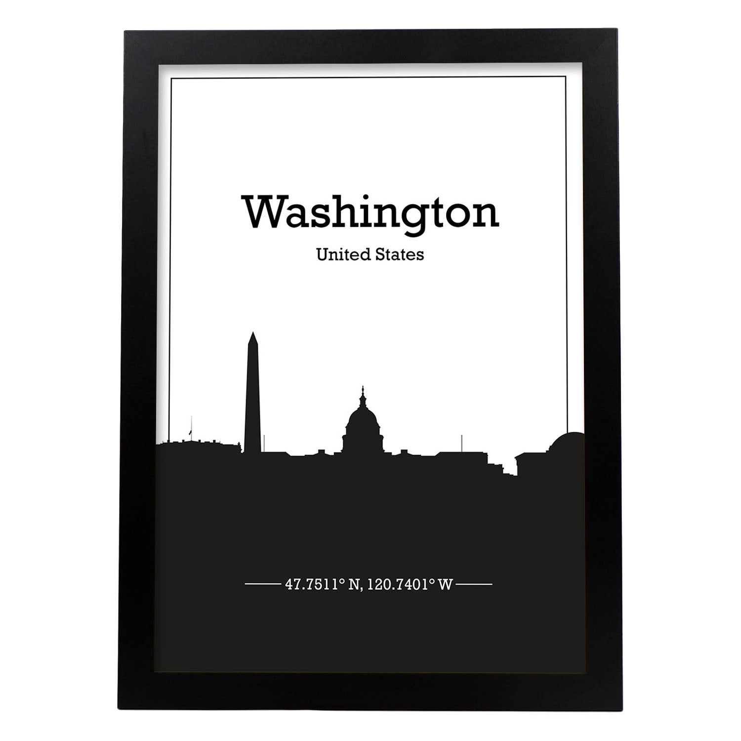 Poster con mapa de Washington - USA. Láminas con Skyline de ciudades de Estados Unidos, Canada, Mexico con sombra negra.-Artwork-Nacnic-A3-Marco Negro-Nacnic Estudio SL