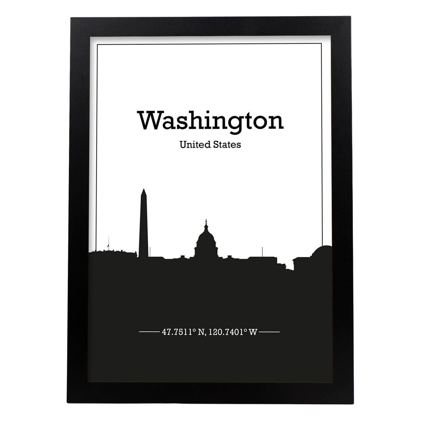 Poster con mapa de Washington - USA. Láminas con Skyline de ciudades de Estados Unidos, Canada, Mexico con sombra negra.-Artwork-Nacnic-A4-Marco Negro-Nacnic Estudio SL
