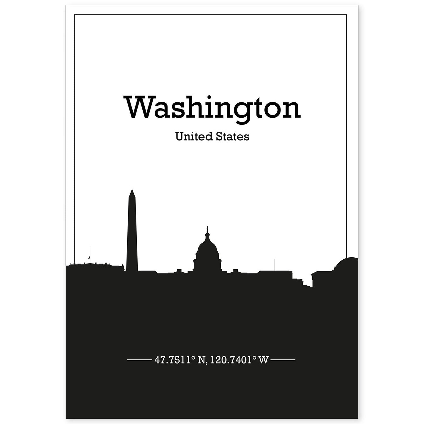 Poster con mapa de Washington - USA. Láminas con Skyline de ciudades de Estados Unidos, Canada, Mexico con sombra negra.-Artwork-Nacnic-A4-Sin marco-Nacnic Estudio SL