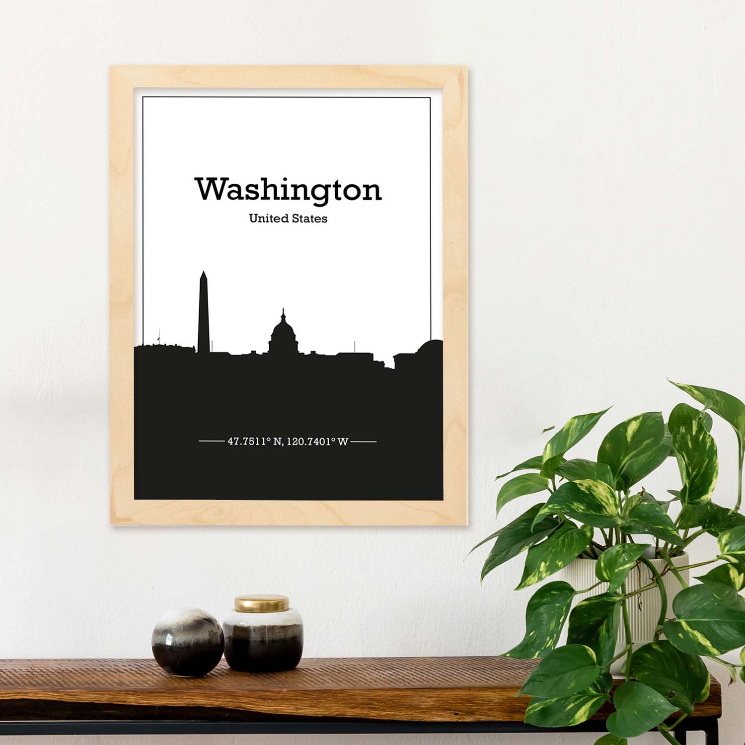 Poster con mapa de Washington - USA. Láminas con Skyline de ciudades de Estados Unidos, Canada, Mexico con sombra negra.-Artwork-Nacnic-Nacnic Estudio SL
