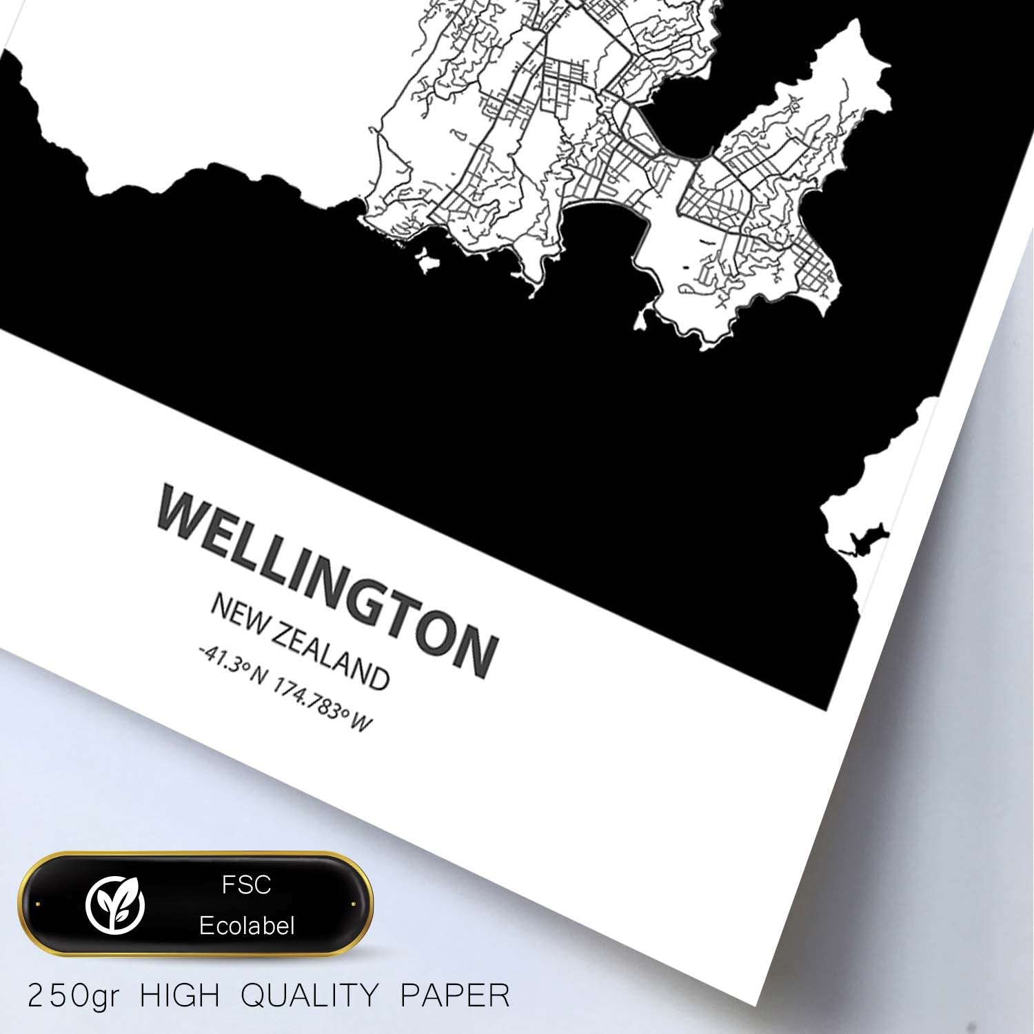 Poster con mapa de Wellington - Nueva Zelanda. Láminas de ciudades de Australia con mares y ríos en color negro.-Artwork-Nacnic-Nacnic Estudio SL