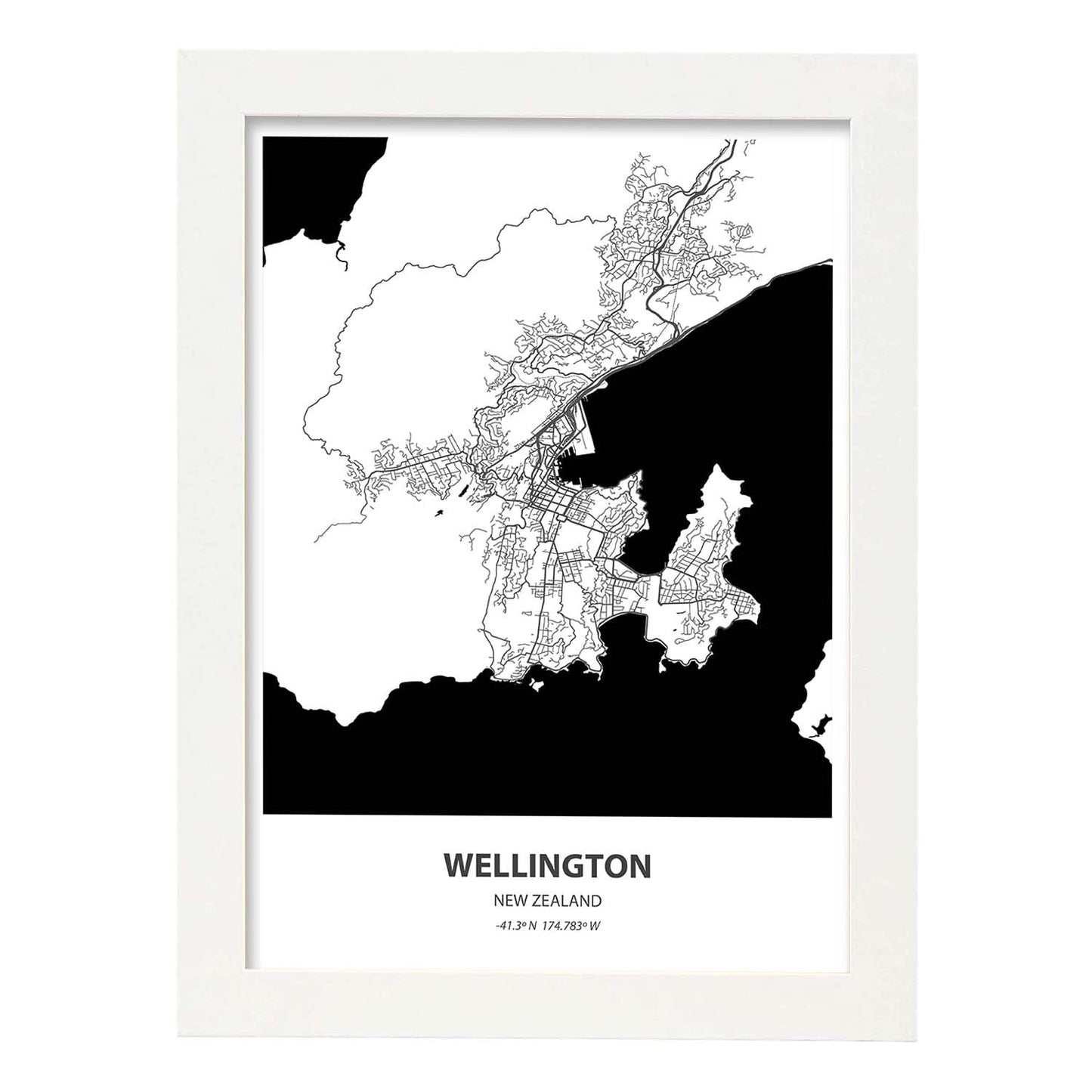 Poster con mapa de Wellington - Nueva Zelanda. Láminas de ciudades de Australia con mares y ríos en color negro.-Artwork-Nacnic-A3-Marco Blanco-Nacnic Estudio SL