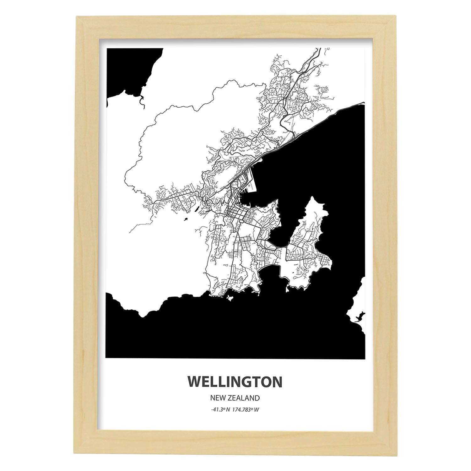 Poster con mapa de Wellington - Nueva Zelanda. Láminas de ciudades de Australia con mares y ríos en color negro.-Artwork-Nacnic-A3-Marco Madera clara-Nacnic Estudio SL