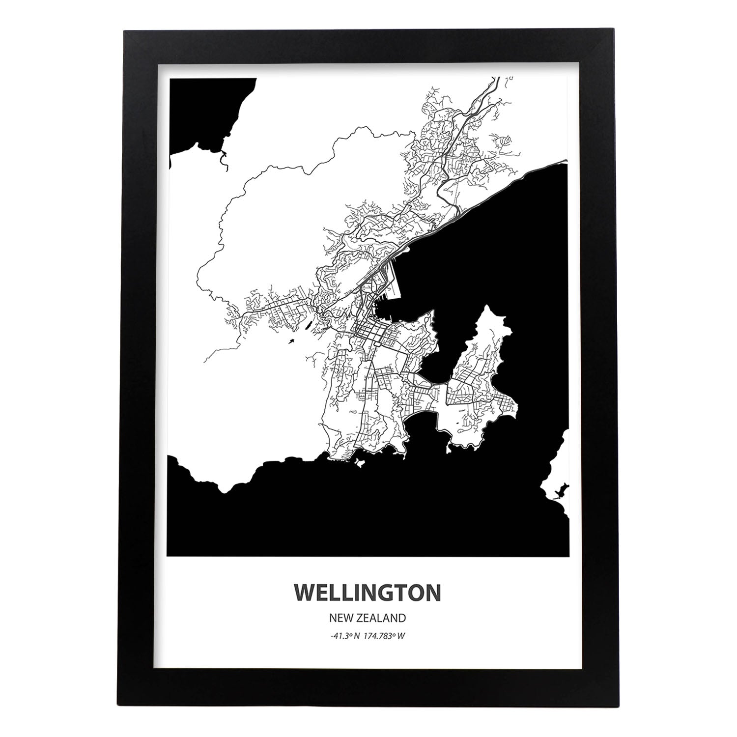 Poster con mapa de Wellington - Nueva Zelanda. Láminas de ciudades de Australia con mares y ríos en color negro.-Artwork-Nacnic-A3-Marco Negro-Nacnic Estudio SL