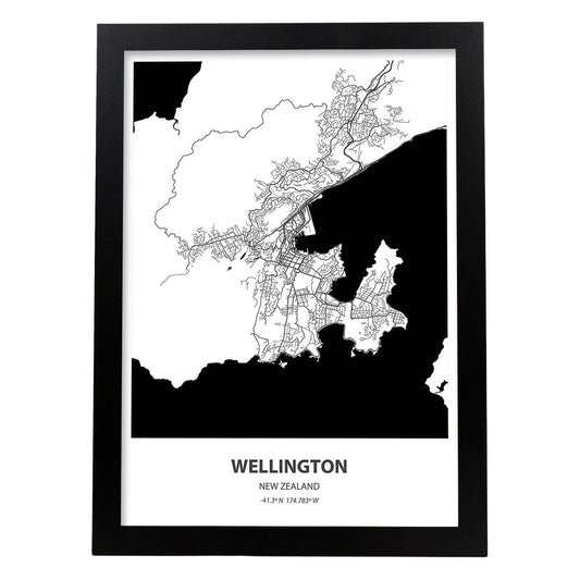Poster con mapa de Wellington - Nueva Zelanda. Láminas de ciudades de Australia con mares y ríos en color negro.-Artwork-Nacnic-A4-Marco Negro-Nacnic Estudio SL