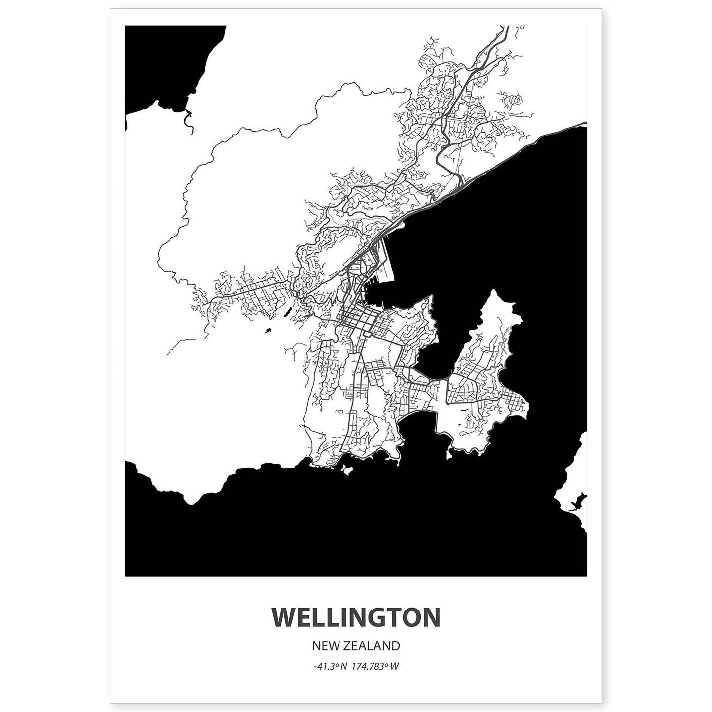 Poster con mapa de Wellington - Nueva Zelanda. Láminas de ciudades de Australia con mares y ríos en color negro.-Artwork-Nacnic-A4-Sin marco-Nacnic Estudio SL
