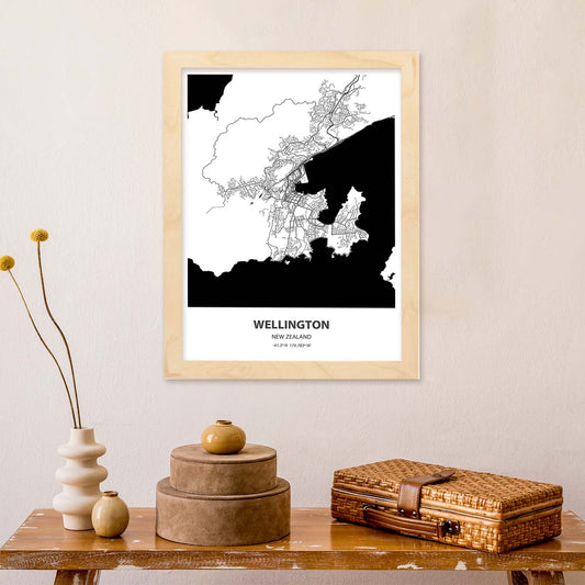 Poster con mapa de Wellington - Nueva Zelanda. Láminas de ciudades de Australia con mares y ríos en color negro.-Artwork-Nacnic-Nacnic Estudio SL