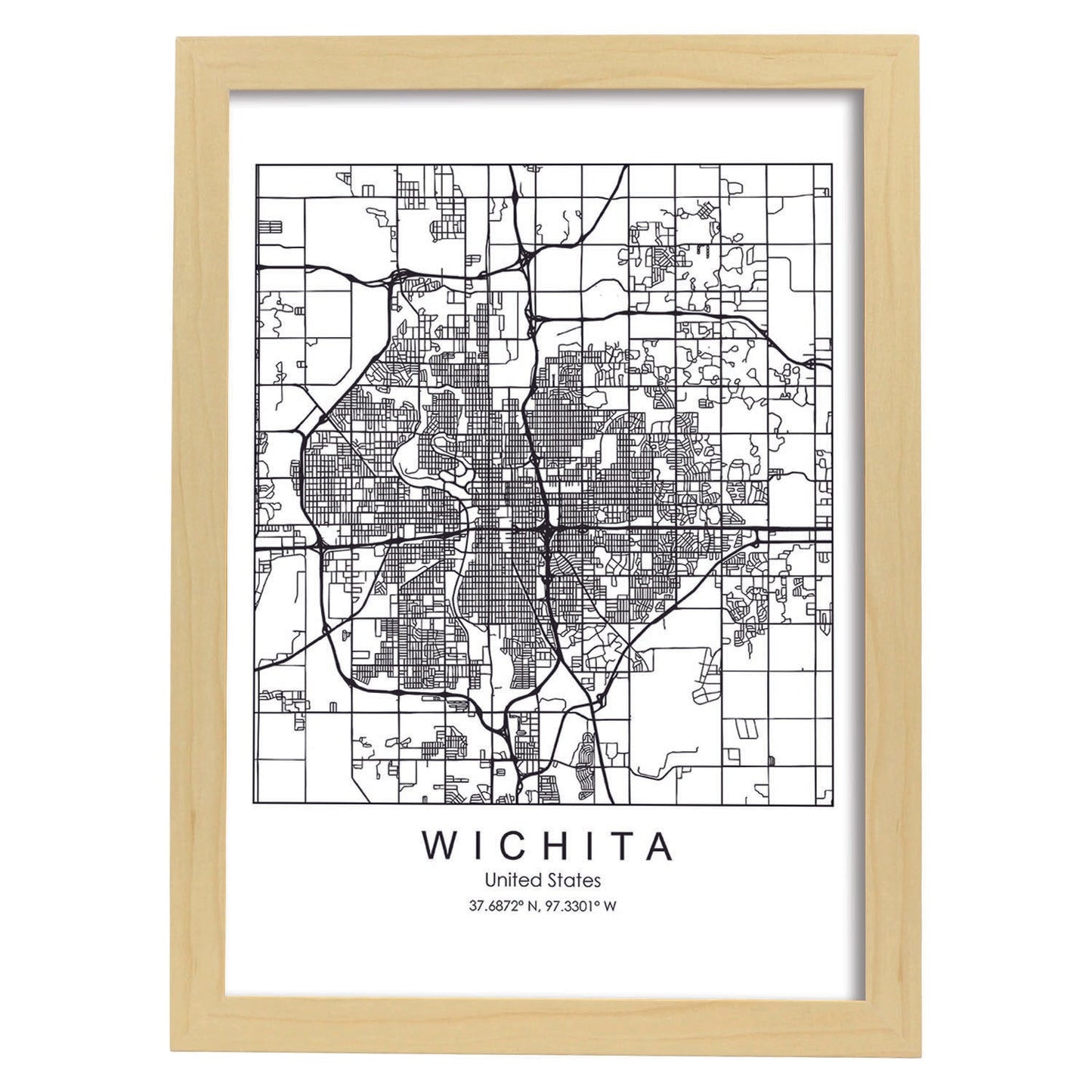 Poster con mapa de Wichita. Lámina de Estados Unidos, con imágenes de mapas y carreteras-Artwork-Nacnic-A4-Marco Madera clara-Nacnic Estudio SL