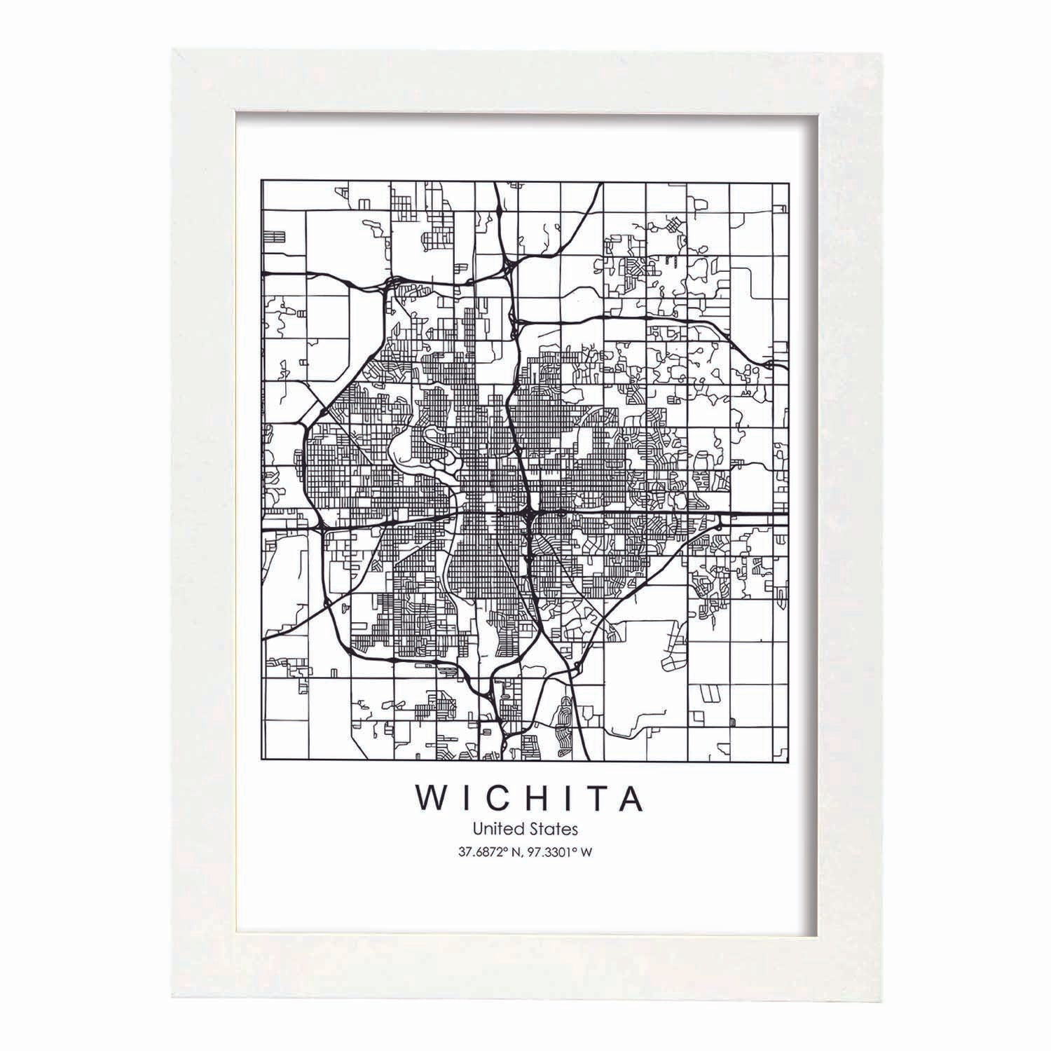 Poster con mapa de Wichita. Lámina de Estados Unidos, con imágenes de mapas y carreteras-Artwork-Nacnic-A3-Marco Blanco-Nacnic Estudio SL