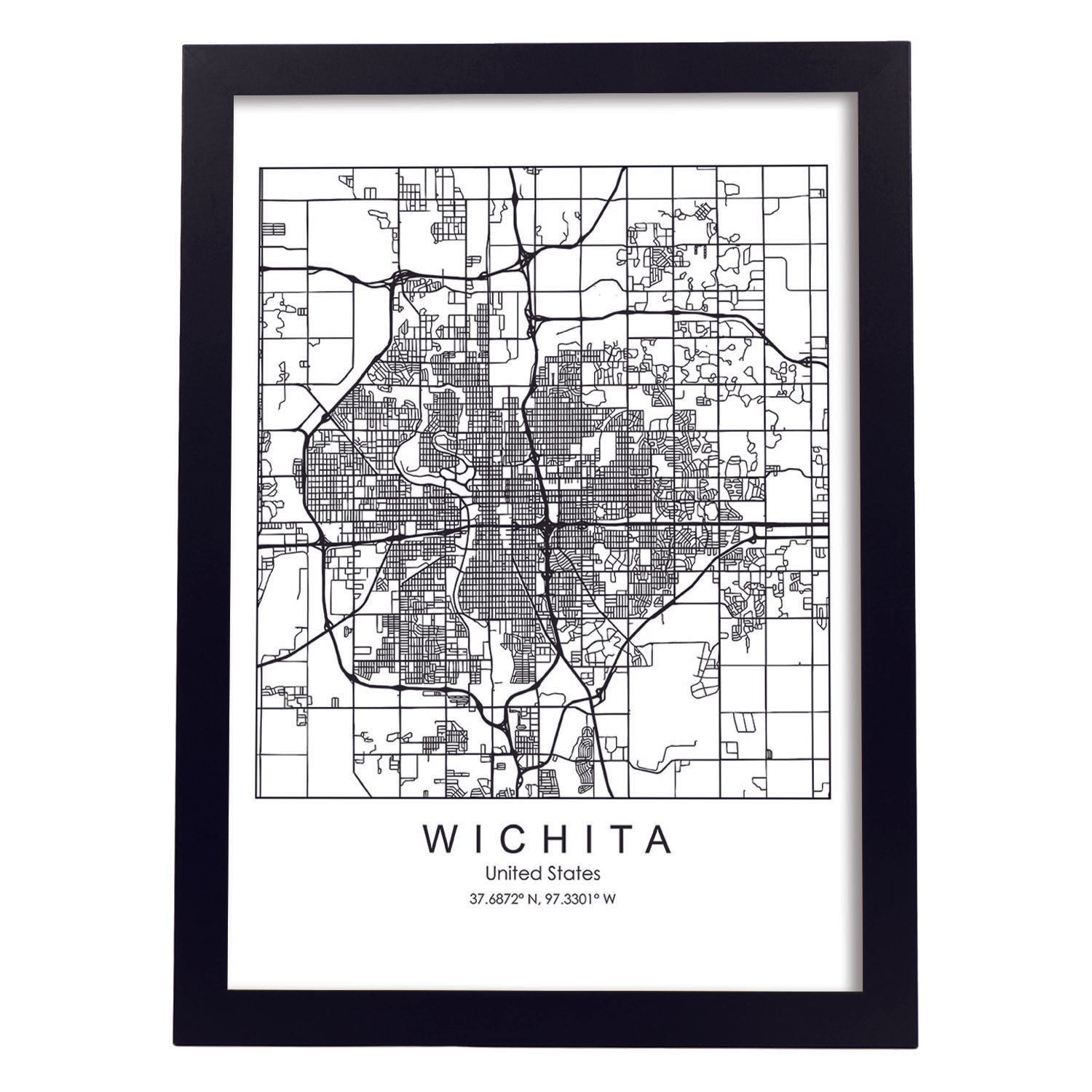Poster con mapa de Wichita. Lámina de Estados Unidos, con imágenes de mapas y carreteras-Artwork-Nacnic-A3-Marco Negro-Nacnic Estudio SL