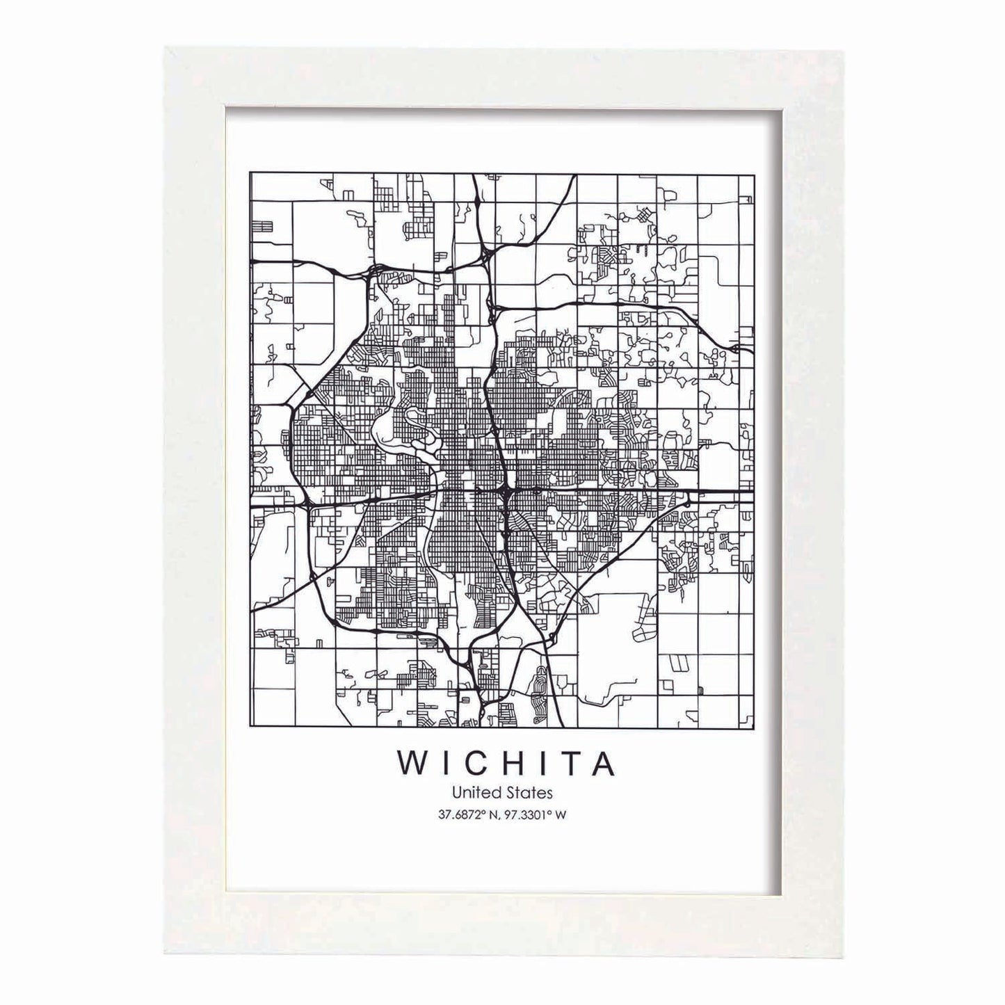Poster con mapa de Wichita. Lámina de Estados Unidos, con imágenes de mapas y carreteras-Artwork-Nacnic-A4-Marco Blanco-Nacnic Estudio SL