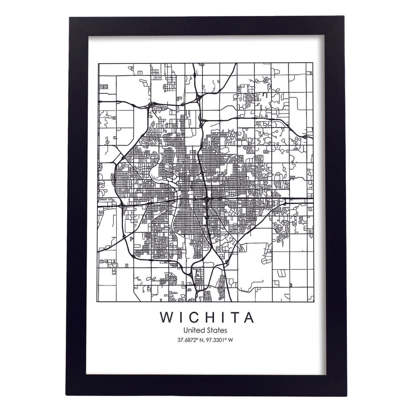 Poster con mapa de Wichita. Lámina de Estados Unidos, con imágenes de mapas y carreteras-Artwork-Nacnic-A4-Marco Negro-Nacnic Estudio SL
