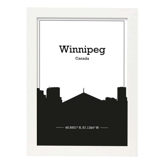 Poster con mapa de Winnipeg - Canada. Láminas con Skyline de ciudades de Estados Unidos, Canada, Mexico con sombra negra.-Artwork-Nacnic-A4-Marco Blanco-Nacnic Estudio SL